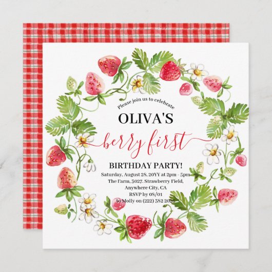 水彩イラストの苺の1歳誕生日招待状 招待状 (正面/裏面)