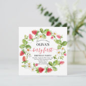 水彩イラストの苺の1歳誕生日招待状 招待状 (スタンド正面)