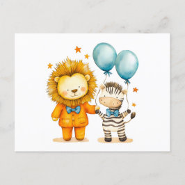 水彩イラストレーションライオンとゼブラとBal ポストカード