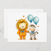 水彩イラストレーションライオンとゼブラとBal ポストカード (正面/裏面)