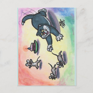 水彩イラスト 猫 カートゥーン ケーキ ネズミ ポストカード