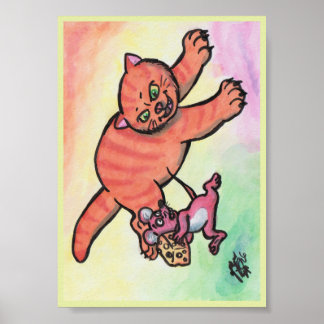 水彩イラスト 猫 ネズミ チーズ カートゥーン ポスター