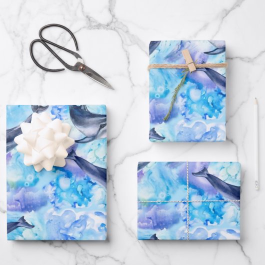 水彩イルカの魚の継ぎ目 ラッピングペーパーシート (正面)