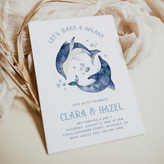 水彩イルカ共同誕生日招待状 招待状