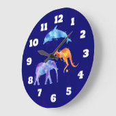 水彩イルカ、ゾウ、カンガルー ラージ壁時計 (傾斜)