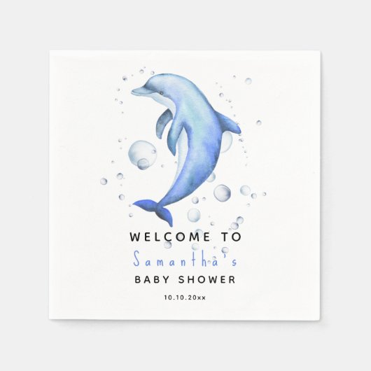 水彩イルカ WELCOME TO ベビーシャワー スタンダードカクテルナプキン (正面)