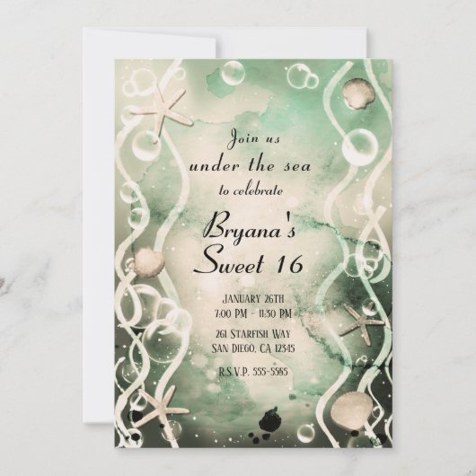 水彩インクの飛沫 オリーブ アンダーザシー スウィート16 招待状 (正面)