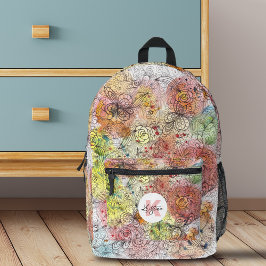 水彩インクフローラドードル名とモノグラム プリントバックパック