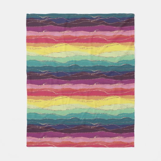 水彩インク金ゴールドグリッターレインボーストライプズ フリースブランケット (正面)