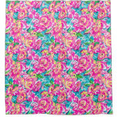 水彩インスパイアピンクブルーフローラ シャワーカーテン (正面)