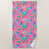 水彩インスパイアピンクブルーフローラ ビーチタオル (正面)