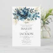 水彩インディゴゴールドの花束 フラワーのウェディング 招待状 (スタンド正面)