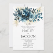 水彩インディゴゴールドの花束 フラワーの結婚式 招待状 (正面)
