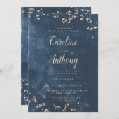 水彩インディゴブルーバラ金ゴールド結婚ズ 招待状 (正面/裏面)