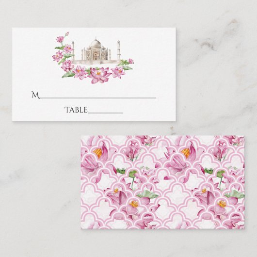 水彩インドの蓮の花 タージマハル プレイスカード (正面/裏面)
