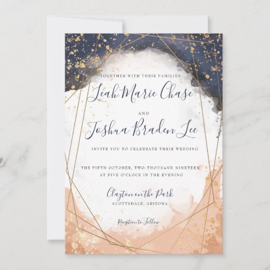 水彩インモダンジゴブルー&バラフェイク金ゴールド 招待状 (正面)