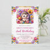 水彩イースターかわいいハリネズミ春の花の誕生日 招待状 (スタンド正面)