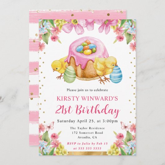 水彩イースターの子うさぎ 春の 21歳の誕生日 招待状 (正面/裏面)