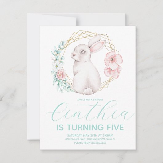 水彩イースターウサギ花飾りゴールドリース 招待状 (正面)