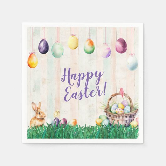 水彩イースターエッグ狩りパーティー スタンダードカクテルナプキン (正面)