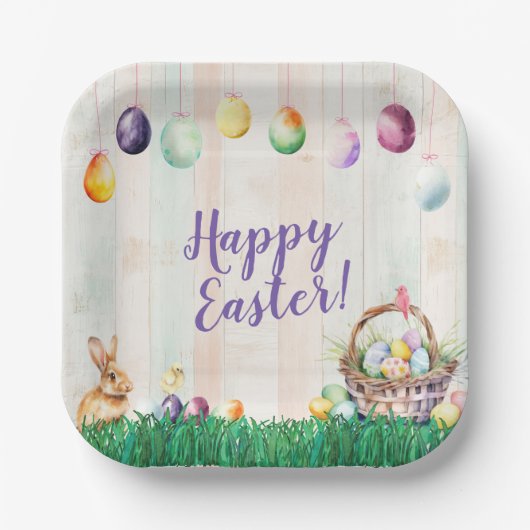 水彩イースターエッグ狩りパーティー ペーパープレート (正面)