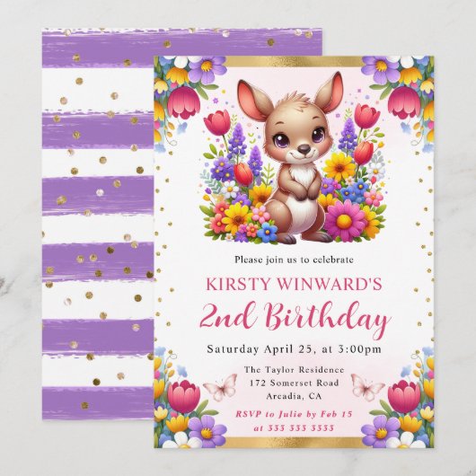 水彩イースターカンガルー春の花の誕生日 招待状 (正面/裏面)