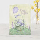 水彩イースターカード ウサギと卵のバスケット カード (黄色い花)