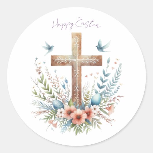 水彩イースタークロスパーソナライズされた ラウンドシール (正面)