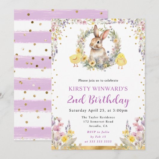 水彩イースターバニーと花の誕生日 招待状 (正面/裏面)