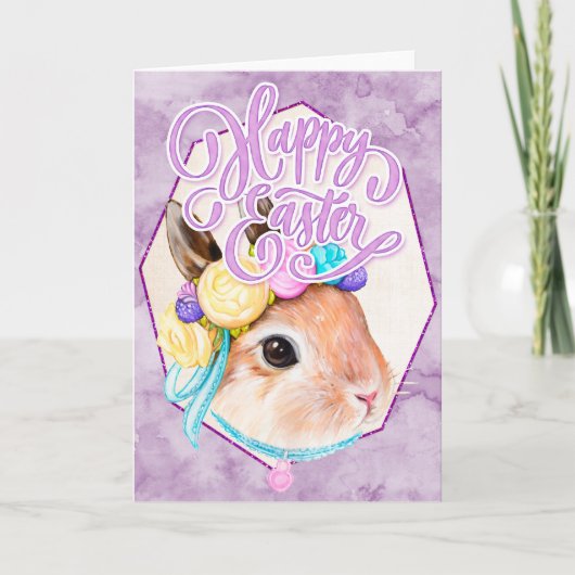 水彩イースターバニーと花 – ハッピーイースター シーズンカード (正面)