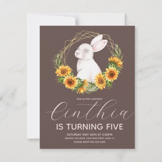 水彩イースターバニーひまわり花模様 招待状 (正面)