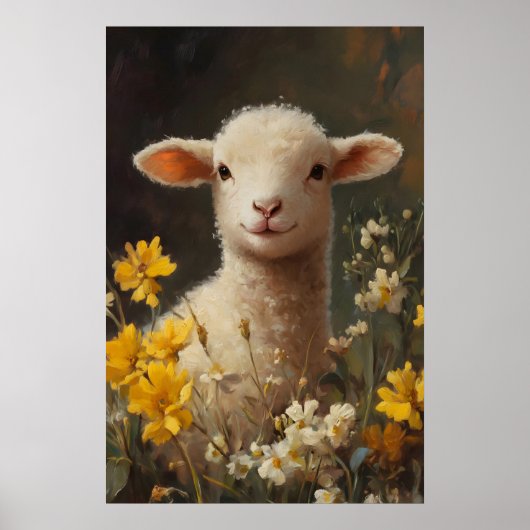 水彩イースター羊のプリント、黄色の野の花 ポスター (正面)