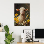 水彩イースター羊のプリント、黄色の野の花 ポスター (ホームオフィス)