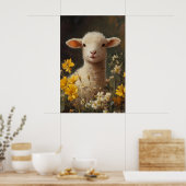 水彩イースター羊のプリント、黄色の野の花 ポスター (キッチン)