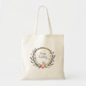 水彩イースター ラベンダー 花輪 卵 かわいい ウサギ トートバッグ (正面)