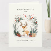 水彩ウィンターウッドランドハッピーホリデーズグリーティング カード (正面)