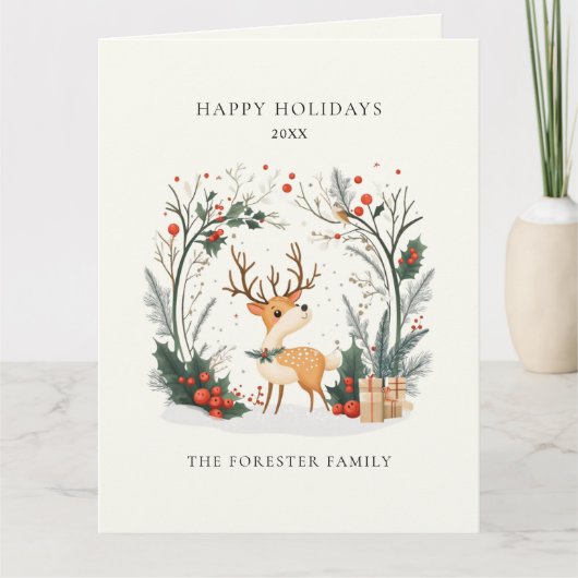 水彩ウィンターウッドランドハッピーホリデーズグリーティング カード (正面)
