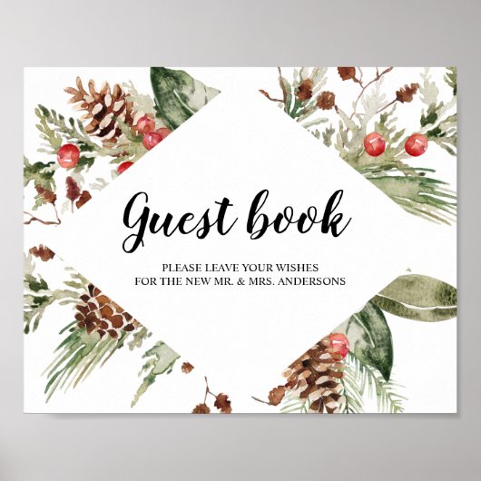 水彩ウィンターグリーンパインツリー&パインコーン位置 ポスター (正面)