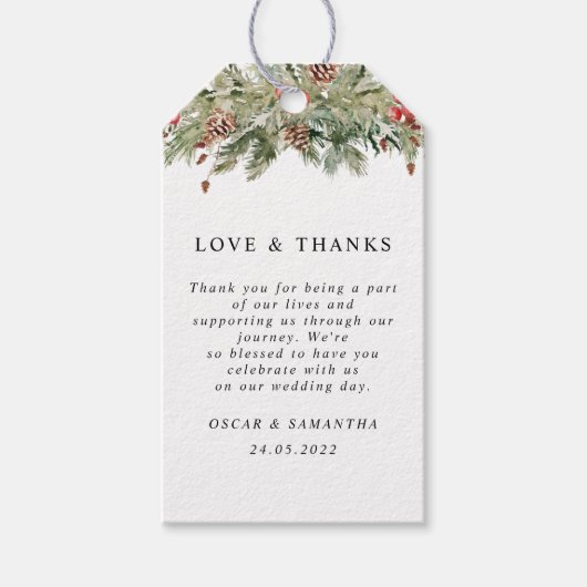 水彩ウィンターグリーンパインツリー&パインコーン ギフトタグ (正面)