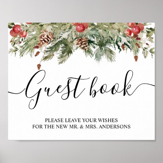 水彩ウィンターグリーンパインツリー&パインコーン ポスター (正面)