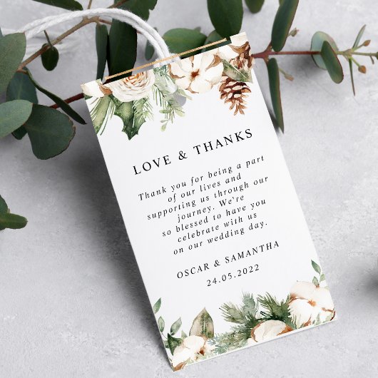 水彩ウィンターグリーンパインツリー&白い花 ギフトタグ