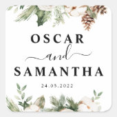 水彩ウィンターグリーンパインツリー&白い花 スクエアシール (正面)