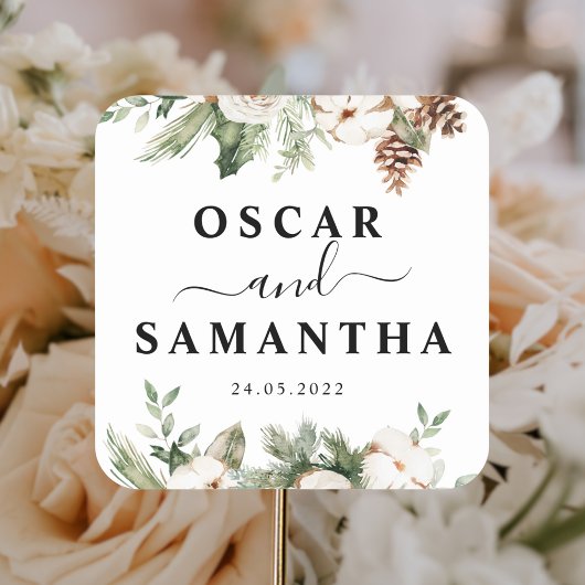 水彩ウィンターグリーンパインツリー&白い花 スクエアシール