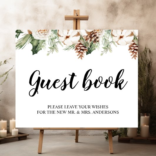 水彩ウィンターグリーンパインツリー&白い花 ポスター