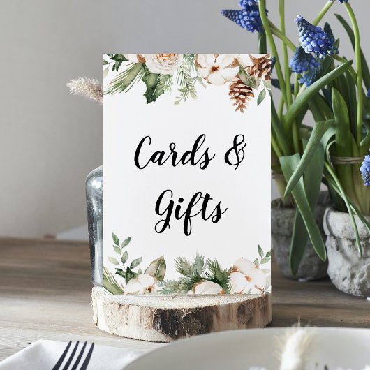 水彩ウィンターグリーンパインツリー&白い花 ポスター