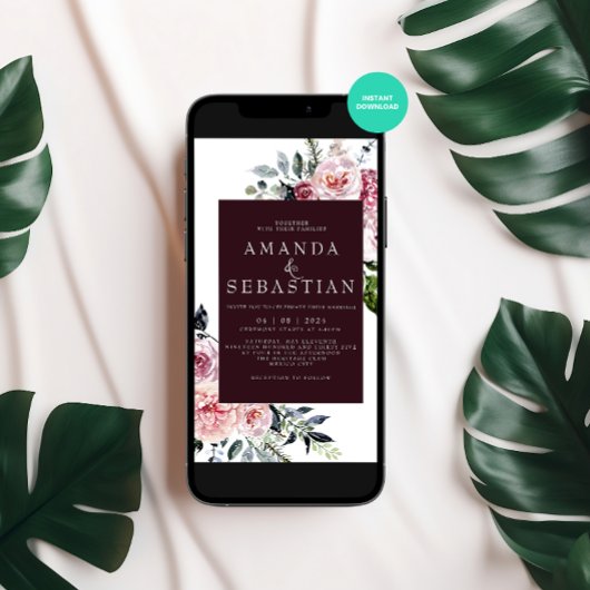 水彩ウィンターピンクフローラフレームウェディングパーティー 招待状