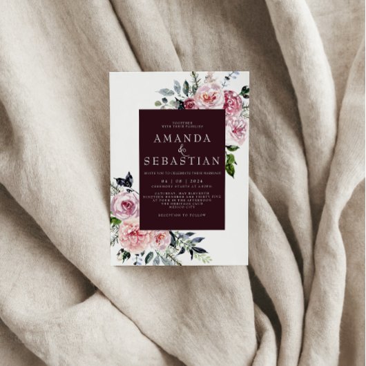 水彩ウィンターピンクフローラフレームウェディングパーティー 招待状