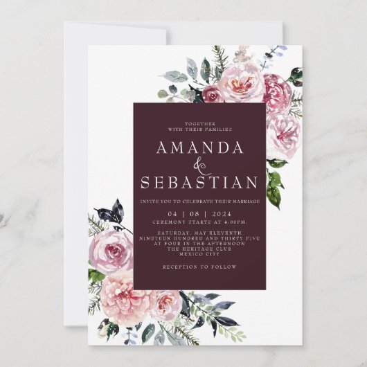 水彩ウィンターピンクフローラフレームウェディングパーティー 招待状 (正面)