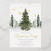 水彩ウィンターフォレストクリスマスパーティー金ゴールド 箔招待状 (正面)