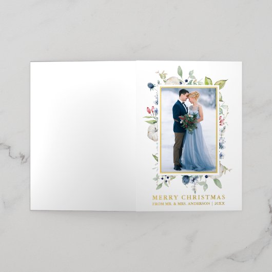 水彩ウィンターブルーフローラニューリュウズ金ゴールド 箔シーズンカード (外側レイダウン)